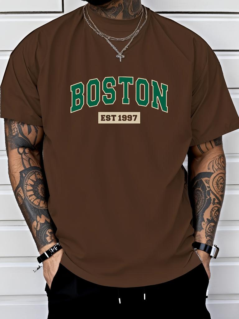 Letter Print Men's Creative Top, Casual Short Sleeve Crew Neck Thin T-shirt for Summer and Spring, Men's Clothing