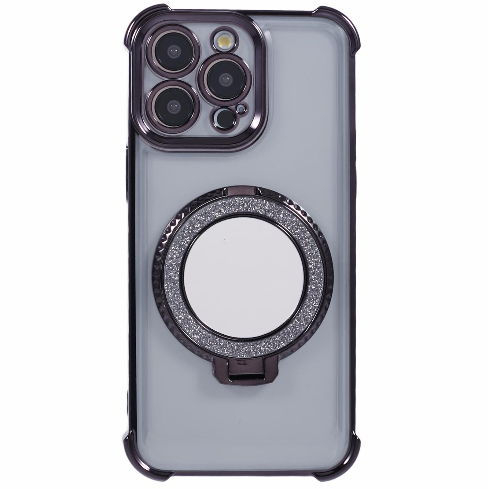 

For iPhone 14 Pro Max Side Heart Pattern Case Kickstand TPU Phone Cover with Mirror Black