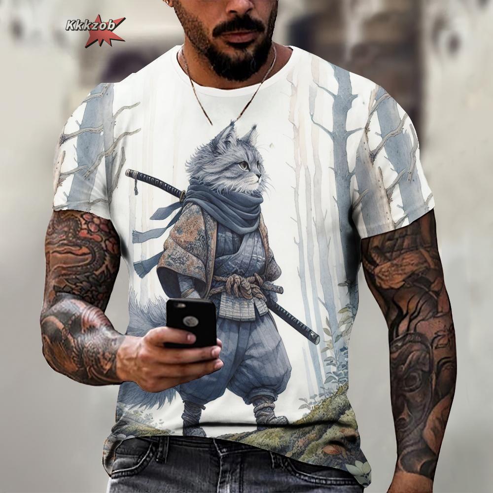 Animal Warrior Cat Print Short Sleeve Pattern Men's T-shirt 3D T-shirt Harajuku Tops Fun O Neck Pullover Summer Men's Casual Clo