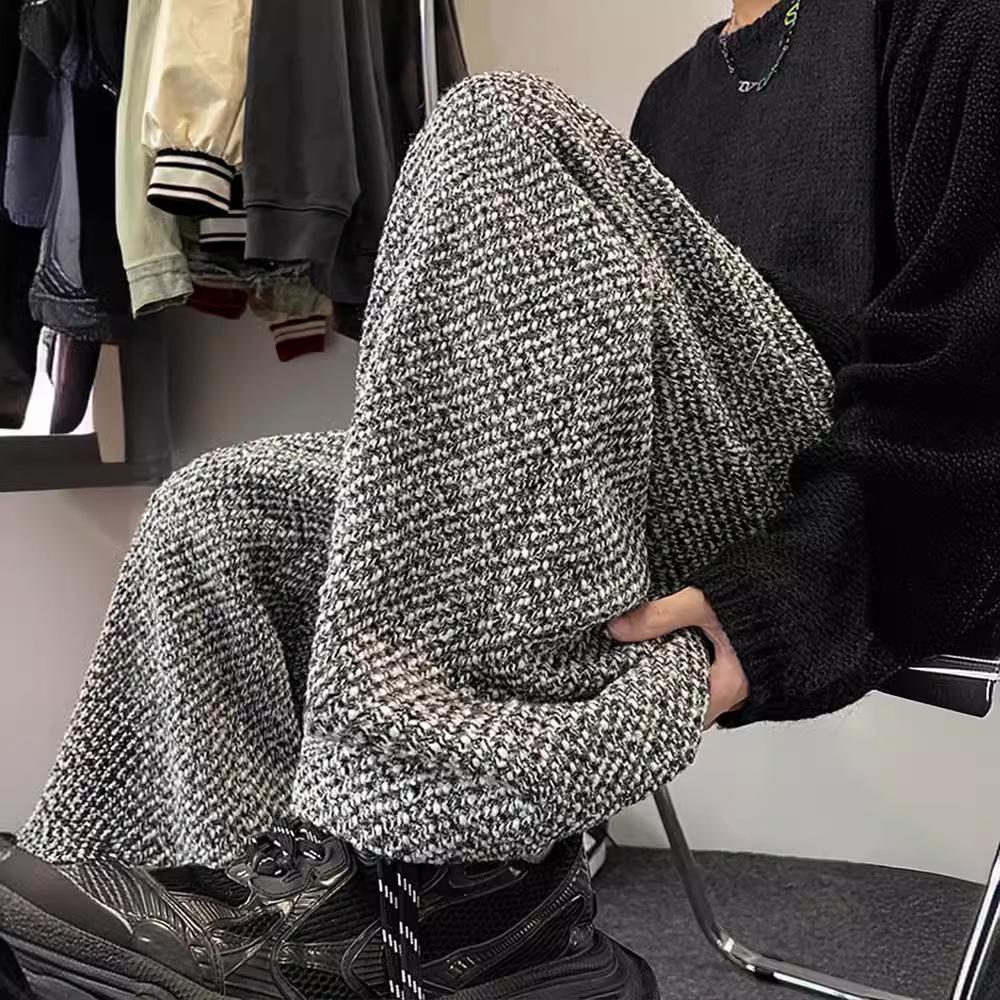 Męskie spodnie z wełny w stylu vintage, szare, z szerokimi nogawkami - styl retro amerykański