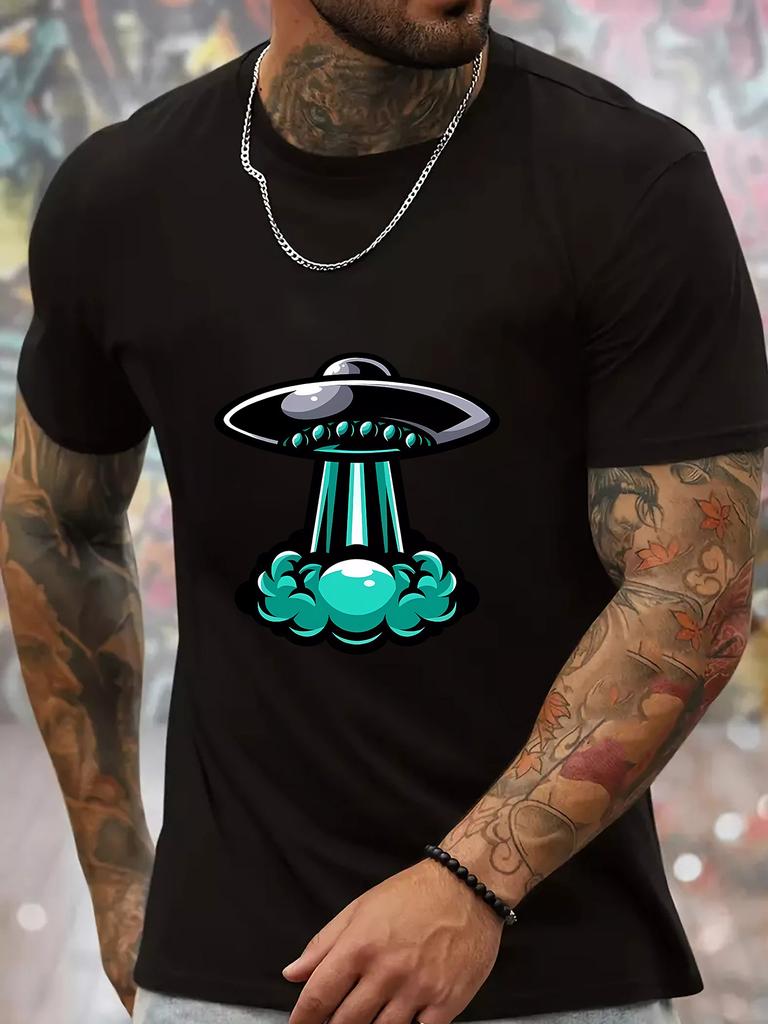 Cartoon UFO Spaceship Graphic Unisexs Crew Neck T Shirt Alien Flying Saucer Print Short Sleeve Casual Cotton Streetwear Daily Tee
