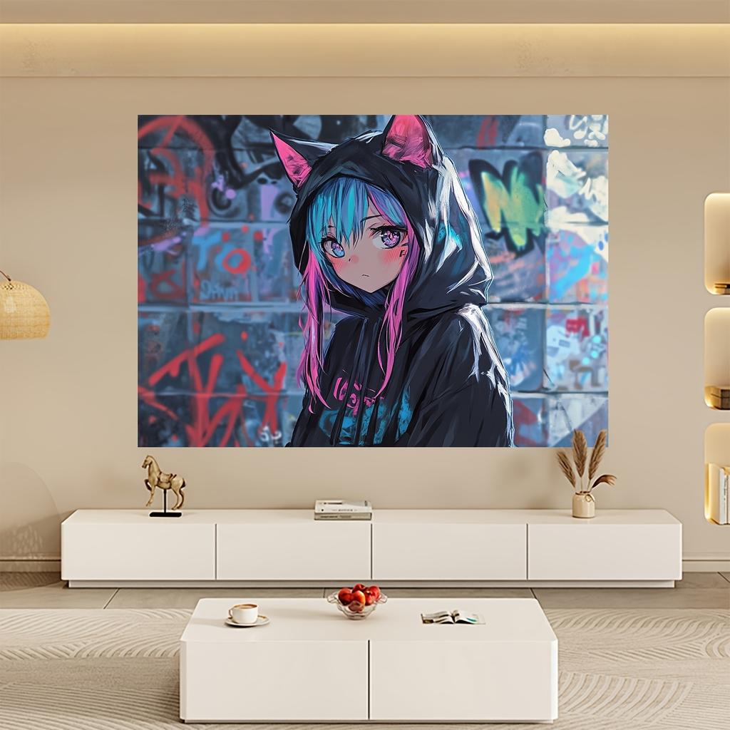 Cute Anime Girl Cat Ear Hoodie Tapestry  Urban Graffiti Style Suitable for Bedroom and Living Room Decoration