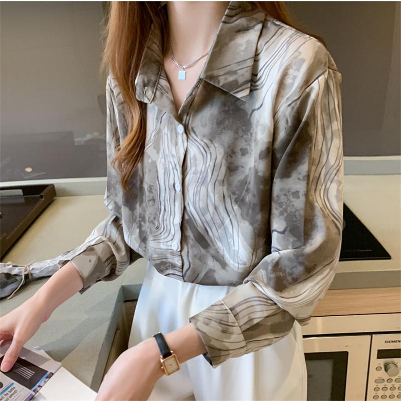 Jarní volné Dámská košile Ink Splash Print Košile s dlouhým rukávem Dámská košile s dlouhým rukávem Zapnout Neck Blusas Mujer De Moda 2022