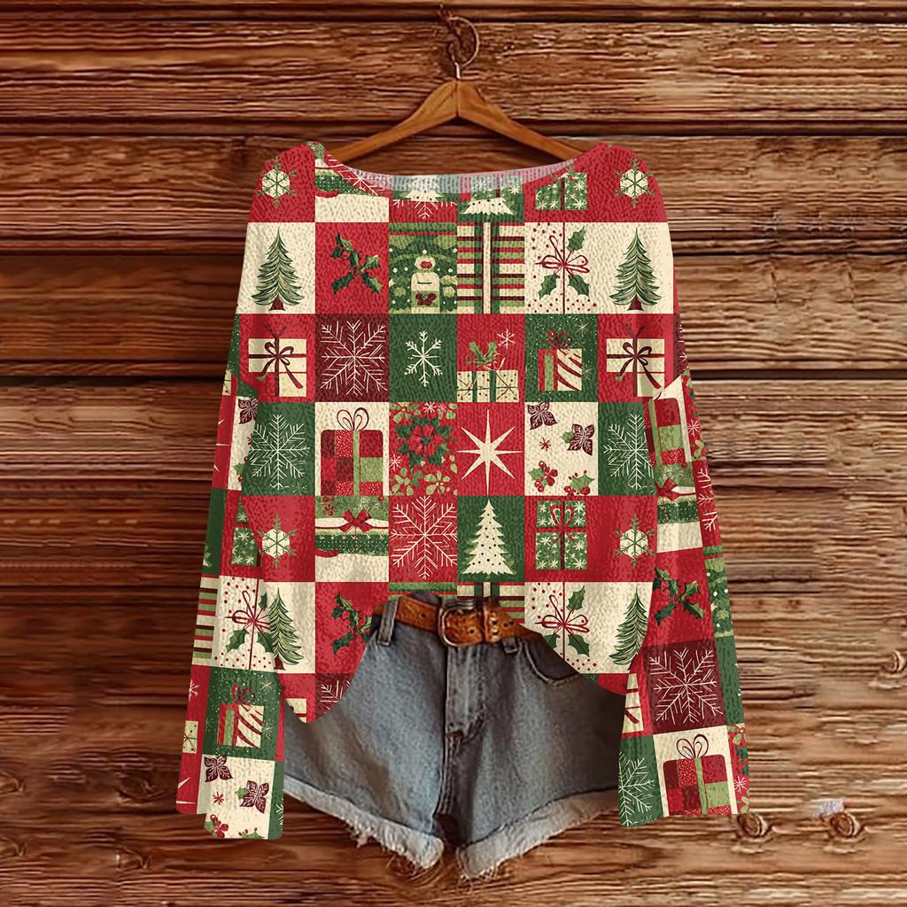 Women's Fashion Christmas Print Lightweight Sweater Casual Long-Sleeve Knit Pullover Top
