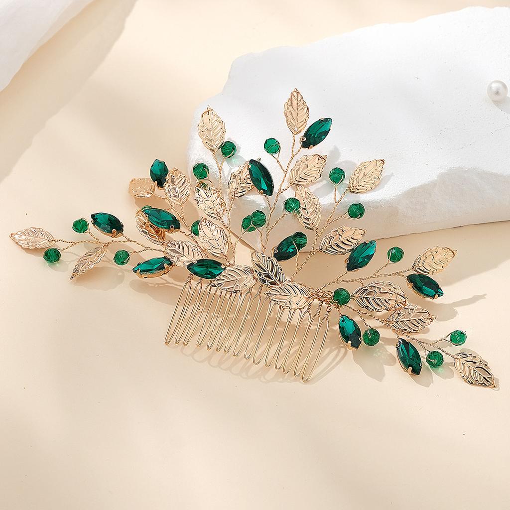 Retro Alloy Rhinestone Plug Comb Handmade Leaf Green Crystal Headdress Antique Hanfu Jewelry Bridal Hair Comb