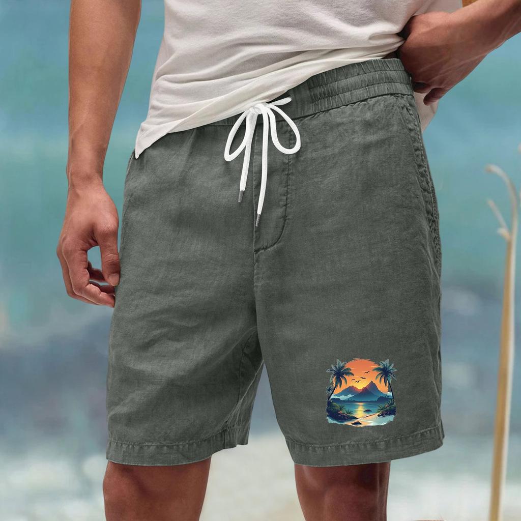 Men’s Casual Loose Fit Drawstring Waist Shorts with Hawaiian Beach Print Relaxed Linen Blend Summer Athletic Pants