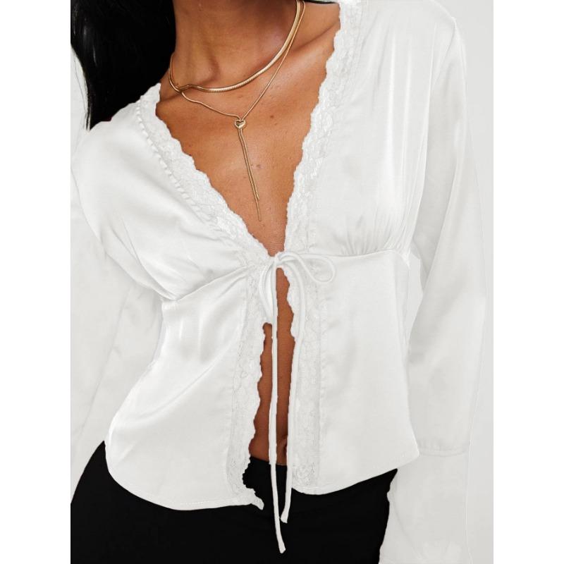 Women S V Neck Long Sleeve Lace Bow Open Front Top