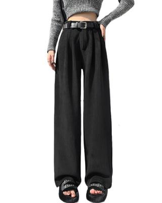 HIMATI Corduroy Lange Broek met Elastische Taille en Gaucho Broek voor Effen XL Dames Wijde Plooibroek, Hoge Taille Herfst/Winter, Kleur, Zwart,