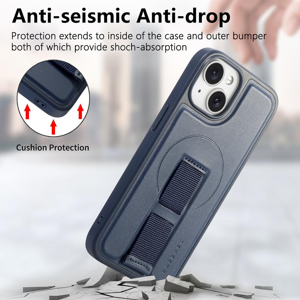 For iPhone 15 Magnetic Case CASENEO Wristband PU Leather + PC Shockproof Phone Cover