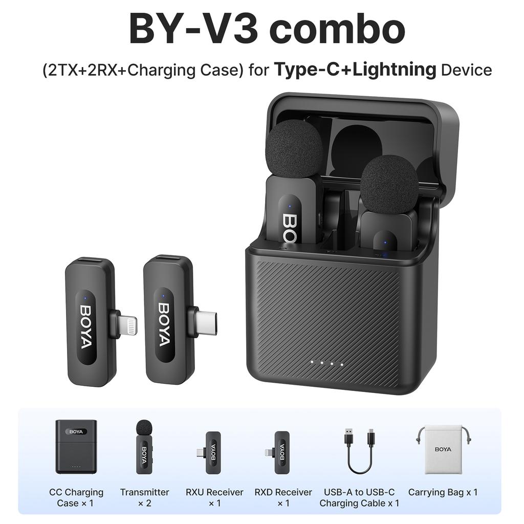 Microfono lavalier wireless BOYA BY-V3 con clip, microfono ricaricabile con cancellazione del rumore per iPhone, Android, fotocamera, live streaming, vlogging