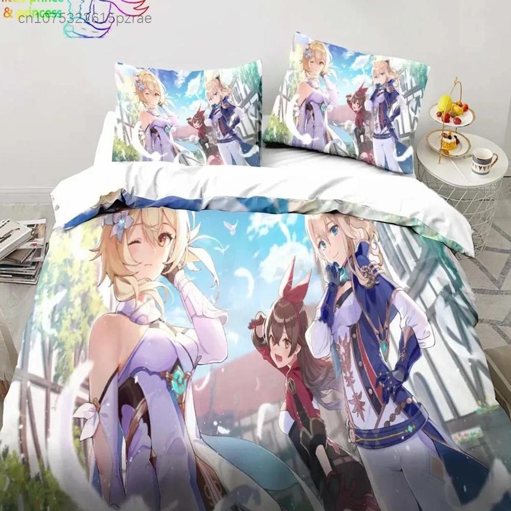 Genshin Impact Anime Povlečení 3D Potisk Vhodné do Ložnice Sada Povlaků na Peřinu s Povlaky na Polštáře Dětský Domácí Textil