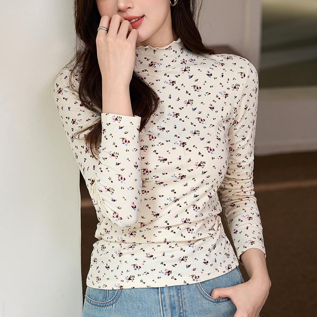 Woll- und Fleece-T-Shirt Damen Floral Herbst und Winter Neu Langarm-Oberteil Hoher Halsausschnitt Basis-Shirt