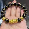 Gold-Plated Six-Character Mantra Buddha Bracelet: Men's Black Obsidian Agate with Gold Beads and Pixiu.