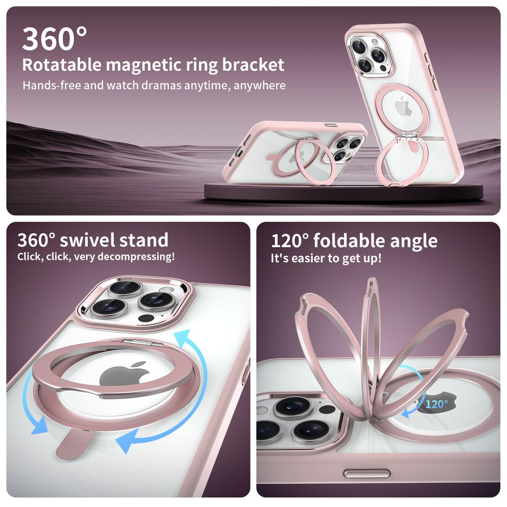 Transparent For Magsafe Wireless Charge Ring Holder Phone Case For iPhone 15 14 Plus 13 12 Pro Max Clear Metal Kickstand Cover