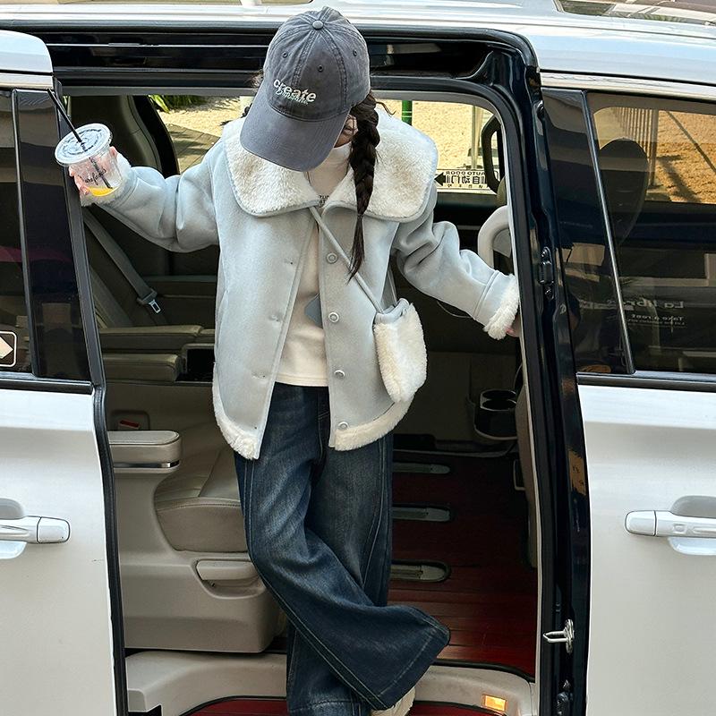 2025 Girls' Fleece-Lined Lambswool Coat - Autumn/Winter Fuzzy Sweater Style