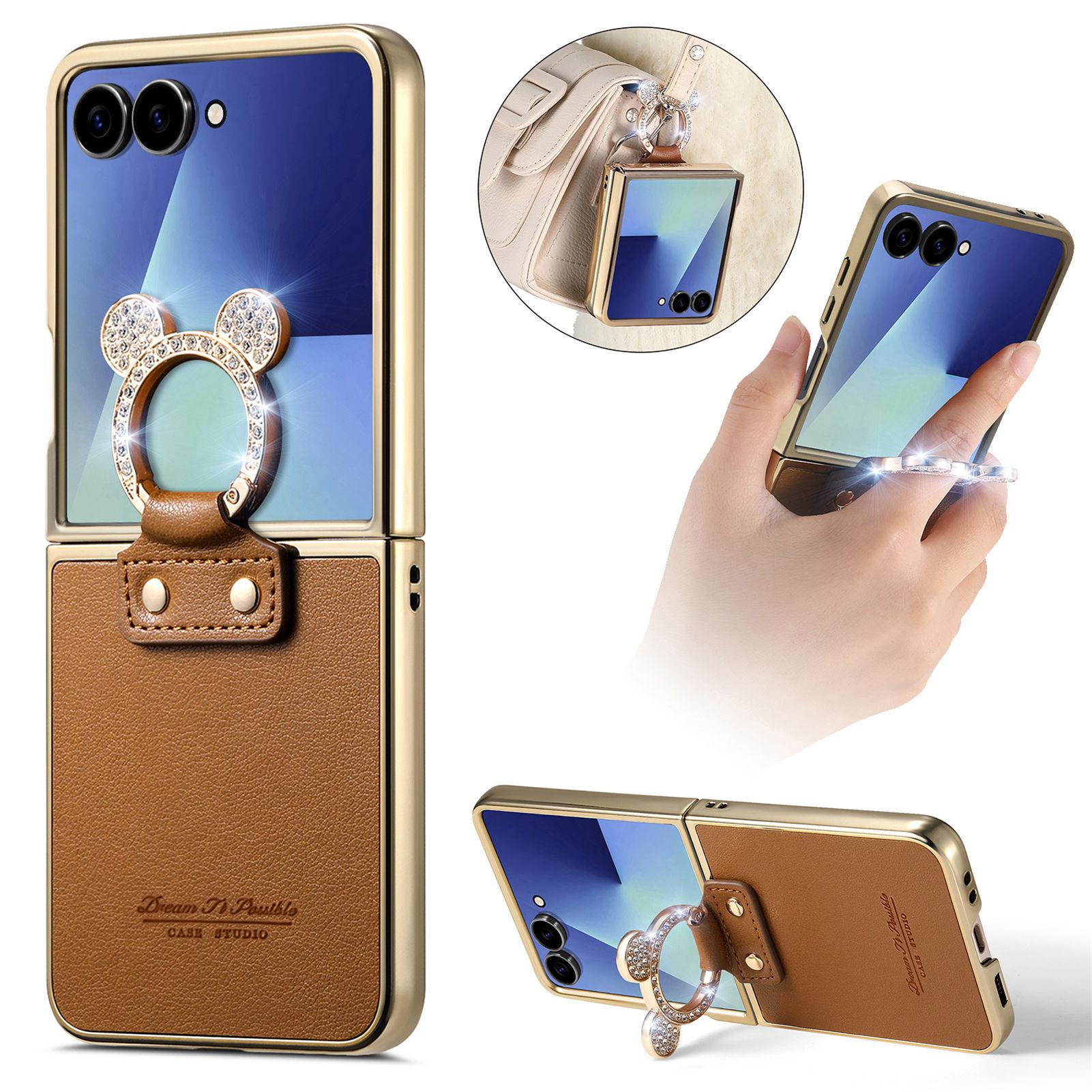 

Business Luxury Ring Holder Plating Leather Case For Samsung Z Flip 7 6 5 4 Shockproof Cute diamond Decoration Anti Drop Cover Galaxy Z Flip4 коричневый