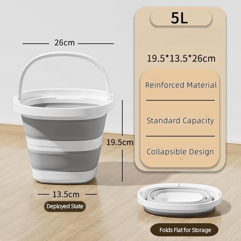 Collapsible Car Wash Bucket - Ultra-Flat 5cm (2in) Design - 10L/5L Vehicle Detailing Tool Ash White-5L