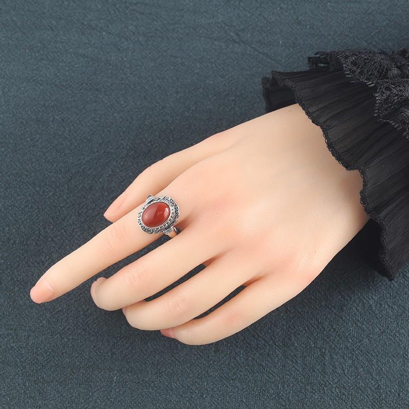 Adjustable Open Ring Women Men Vintage Bohemian Style Red Agate Geometric Statement Copper Jewelry