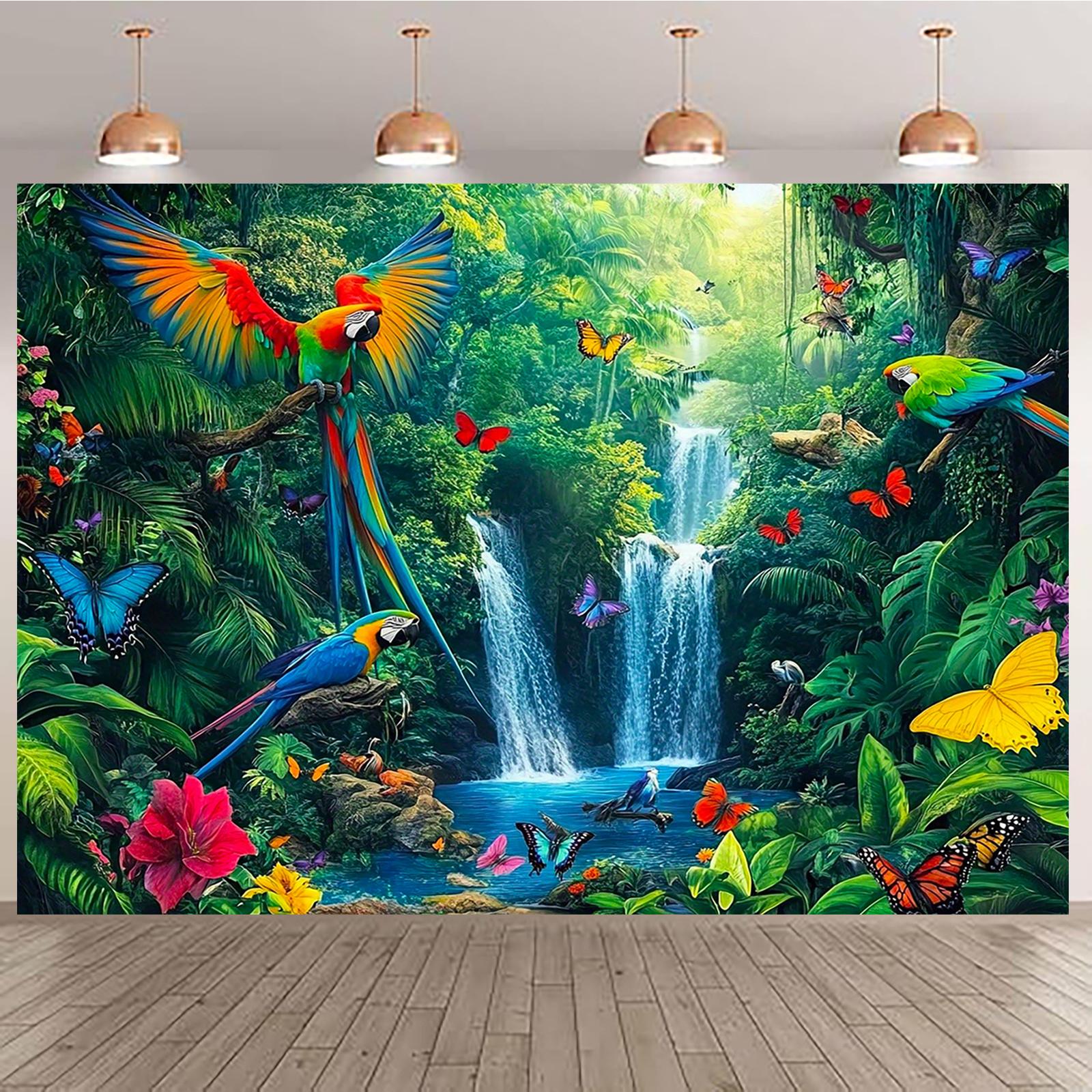 1 piece of tropical paradise polyester background fabric - vibrant jungle scene featuring waterfalls and colorful butterflies 100x150cm