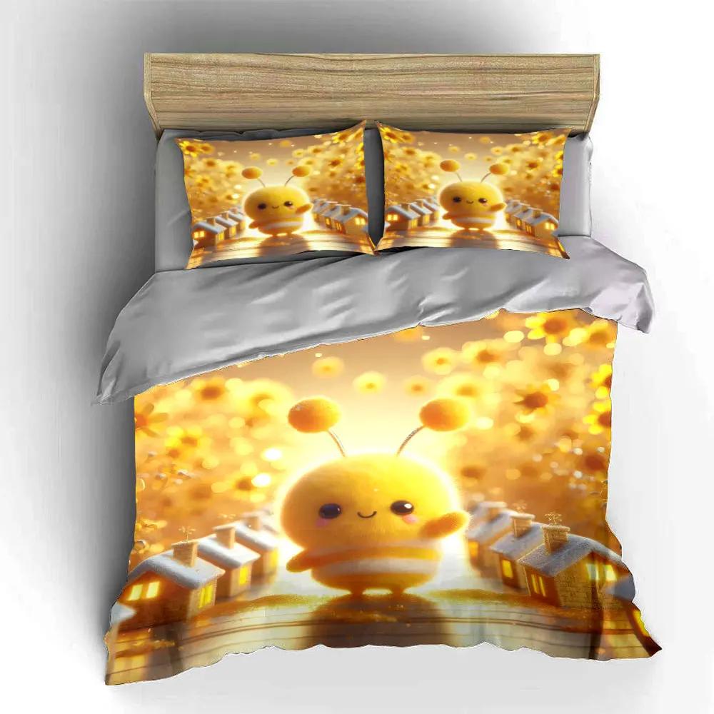 Ensemble de décoration abeille mignon – Ornement de maison Couette douce et confortable Ensemble de literie Comprend 1*Housse de couette & 2*Taies d'oreiller cadeau