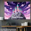 2D Magical Castle Backdrop, Princess Castle with Planets, Stars and "Happy Birthday" Text Background Cloth