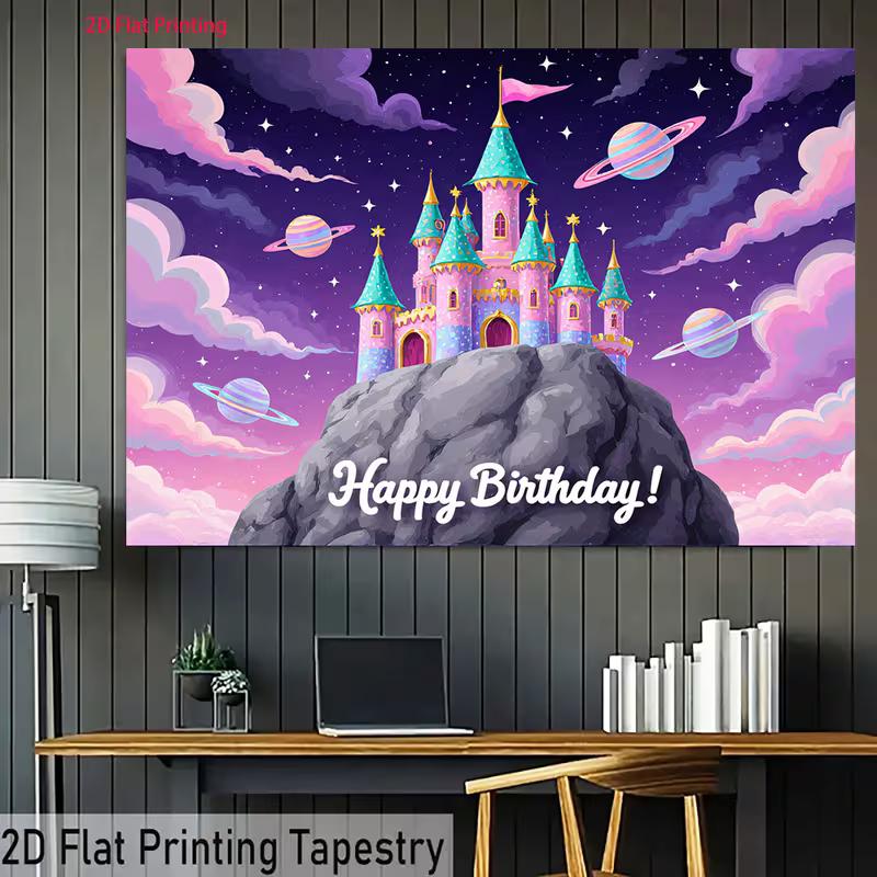 2D Magical Castle Backdrop, Princess Castle with Planets, Stars and "Happy Birthday" Text Background Cloth