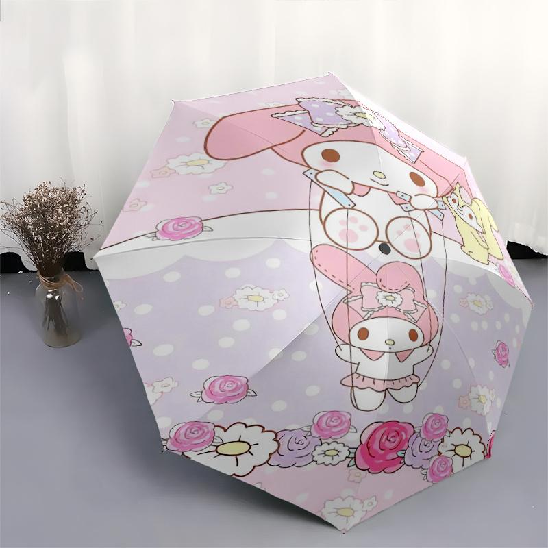 Squirrel and My Melody Cartoon Umbrella, Portable 3-Fold Compact Umbrella, Suitable for Camping, Hiking and Travel, Ideal Easter Birthday Gift for Fam
