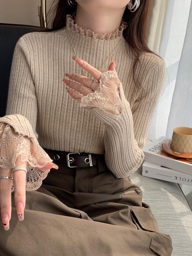 Women Lace Splicing Autumn Winter Sweater Solid Color Ruffled Stand Collar Knit Sweaters Loose Fit Casual Pullover Elegant Fashion Slim Fit Clothing