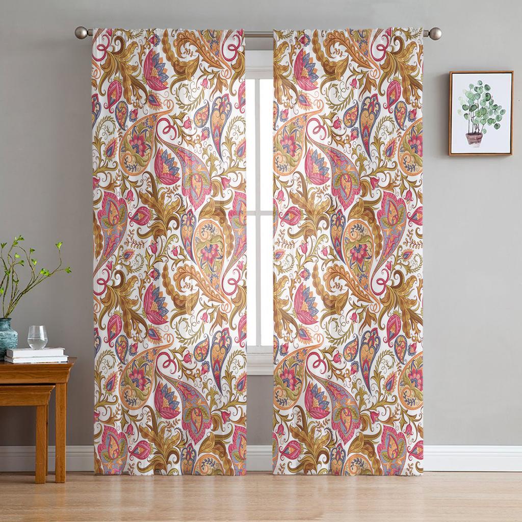 Indische Boho Paisley Textur Fensterbehandlung Tüll Moderne Transparente Vorhänge für Küche Wohnzimmer Schlafzimmer Vorhänge Dekoration