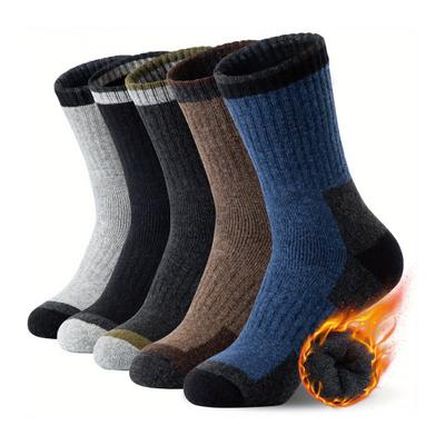 5 Pairs Men Warm Winter Socks Fleece Lined Crew Socks Color Block Thickened Thermal Socks for Daily Wear Street Work Sports