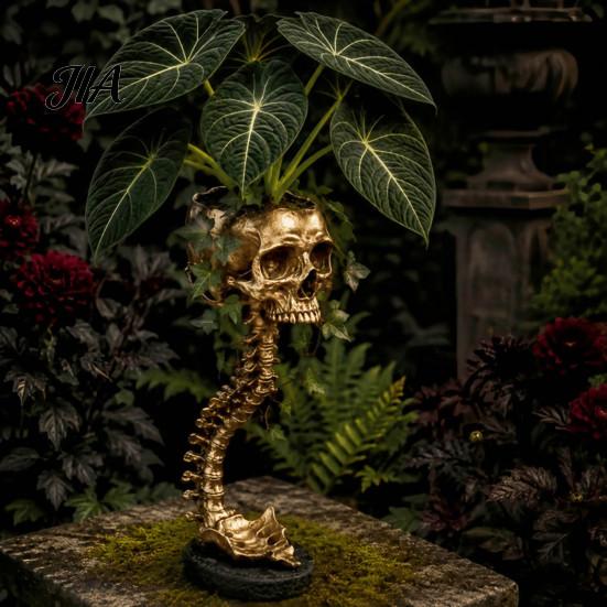Unique Candy Dish Storage Gothic Skull Spine Planter, Resin Skeleton Planter Pot, Horror Halloween Indoor Outdoor Statue Flower Vase, Spooky
