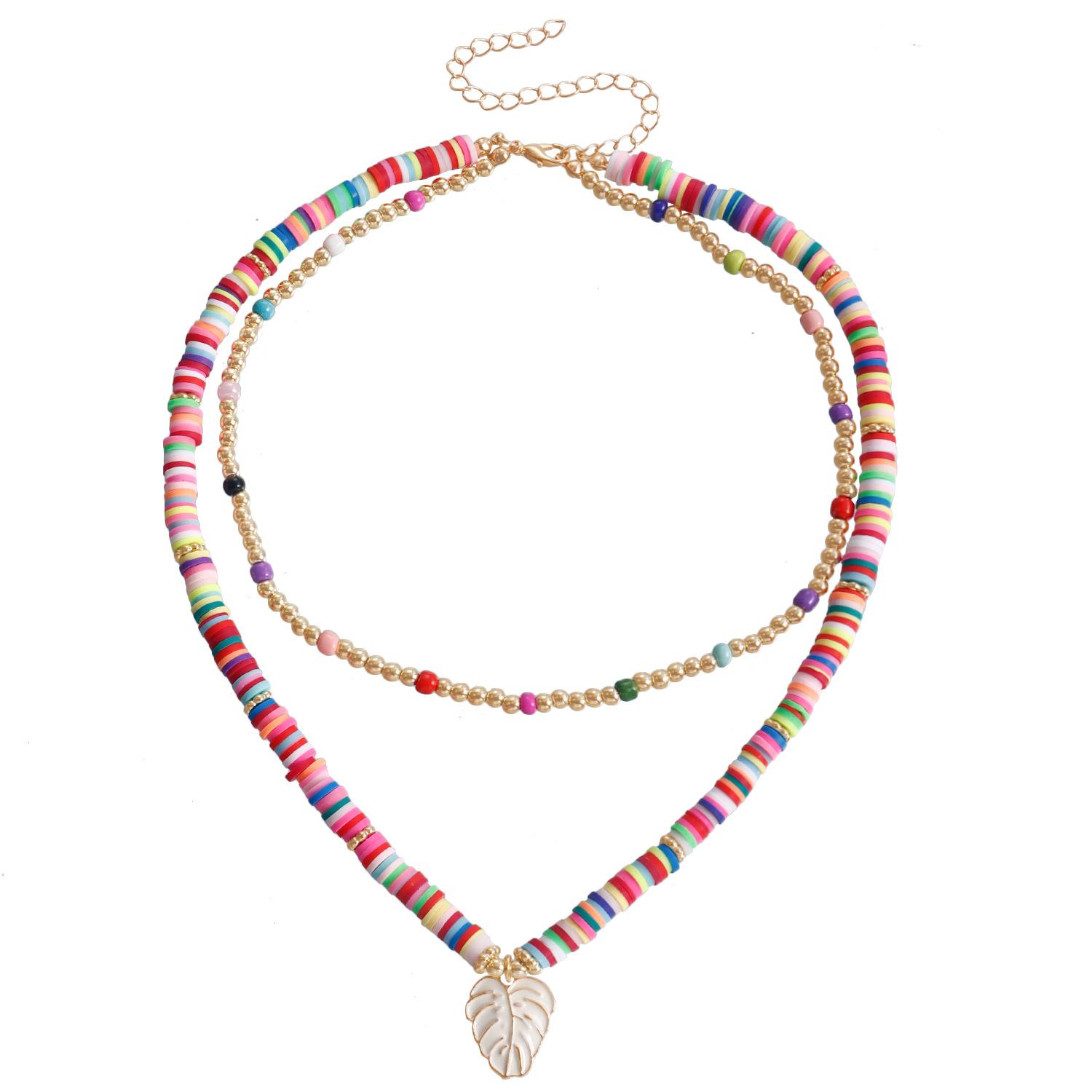 

Cross-Border Jewelry, Sweet And Cool Wind Contrasting Color Beaded Leaf Pendant Necklace, Ethnic Style Soft Pottery Set Necklace