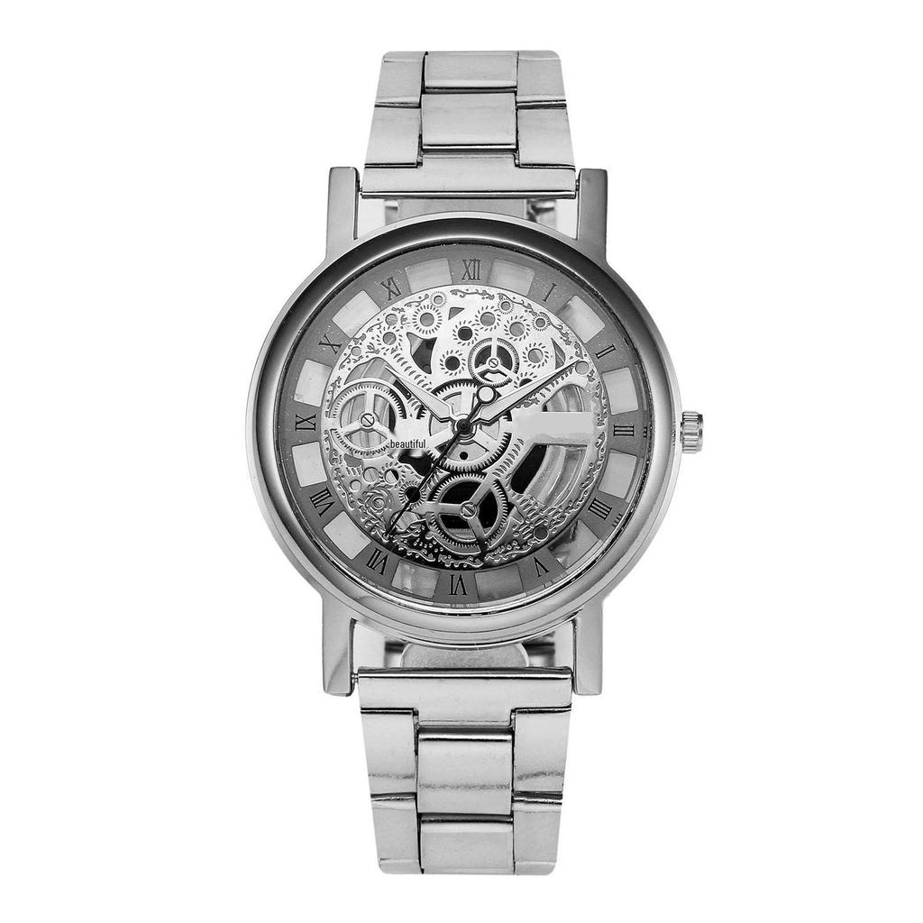 Wish Hollow Alloy Mesh Band Quartz Couple Watch - Imitation Mechanical Design