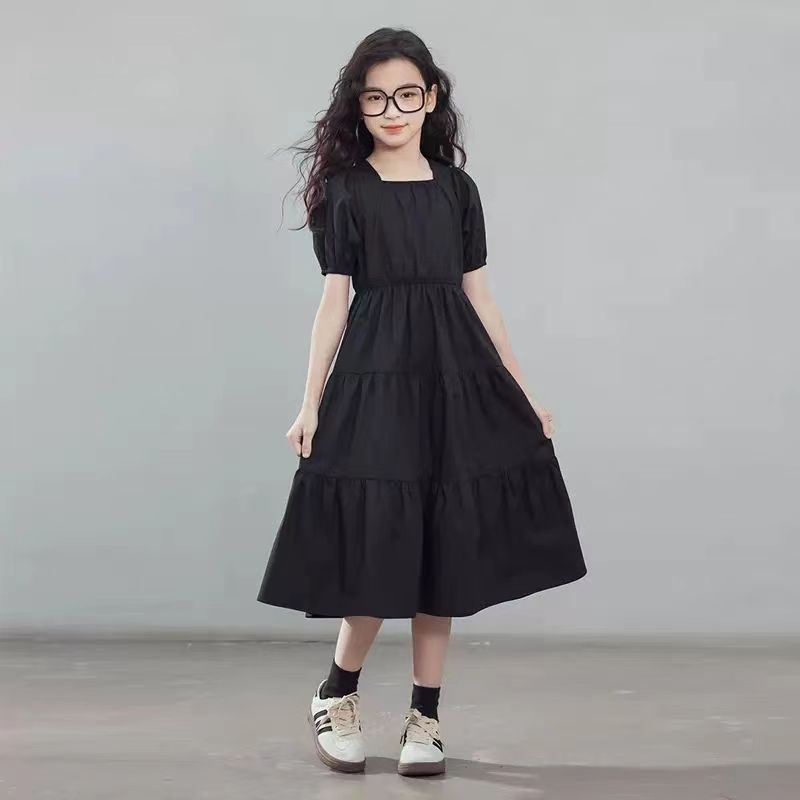 Summer Princess White Black Dress Boat Neckline Short Sleeve Backless Kids Children Teens 5-12 Years