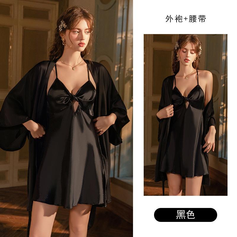 Women's Skin Friendly Silky Push Up Cutout Backless Cami Sleep Dress with Robe Lounge Set
