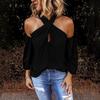 Women Solid Color Long Sleeve Sexy Halter Off Shoulder Back Zipper Blouse Top