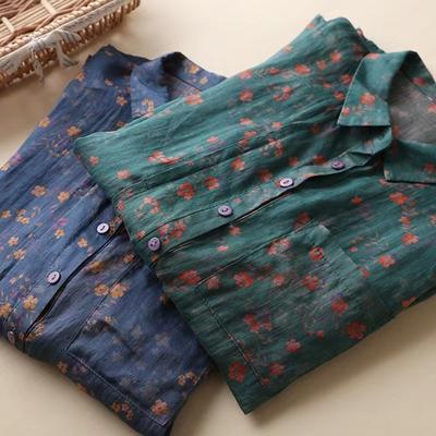 Women Lapel Collar Half Placket Short Sleeve Floral Print Thin Ramie Blouse With Chest Pocket