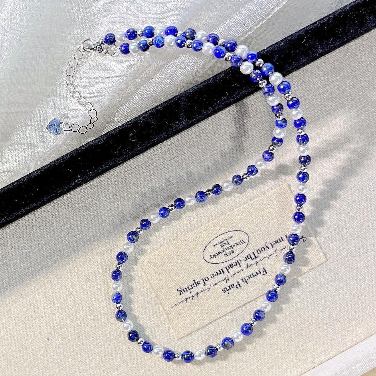 Natural Lapis Lazuli Artificial Crystal Pearl Collarbone Chain Necklace