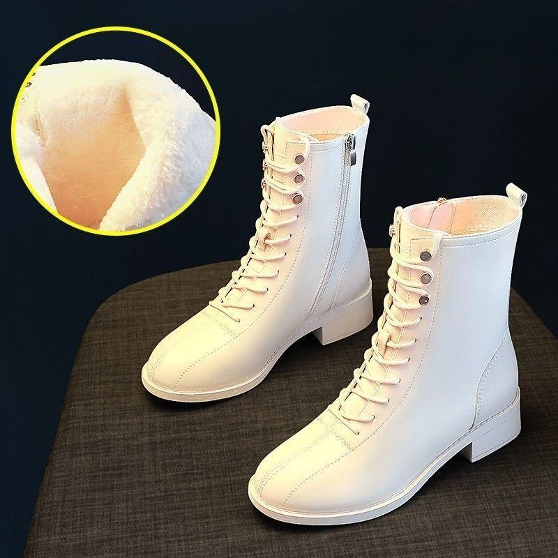 Middle Heel Lace-Up Round Toe Women'S Half High Boots Autumn Winter Fleece-Lined Trend  Y2K Gothic Ladies Mid Calf Shoes