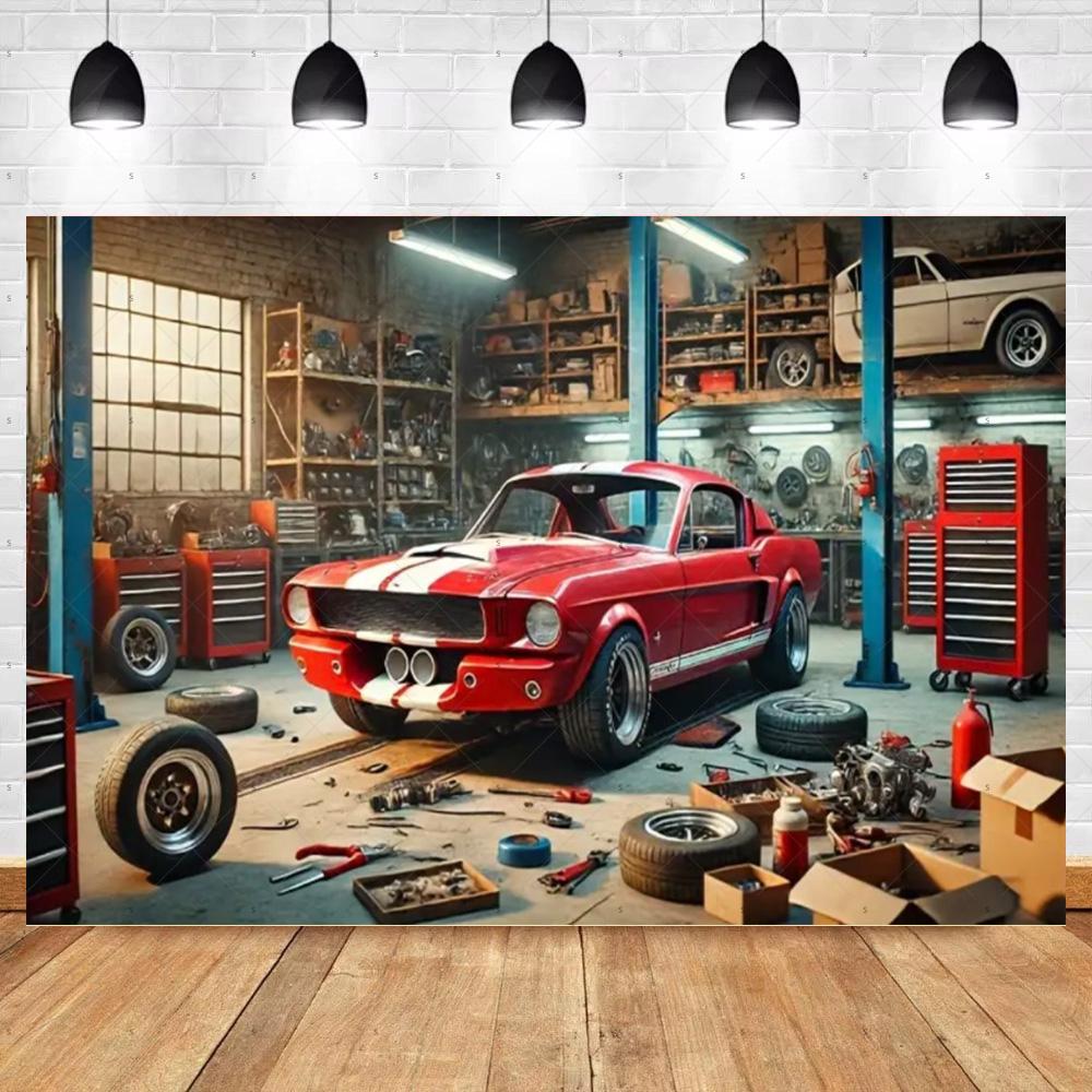 Bannière de Fond de Voiture Chaude Vintage Décoration de Fête Toile de Fond de Garage Classique Fournitures Style Industriel Pneu Outil Accessoire de Photographie