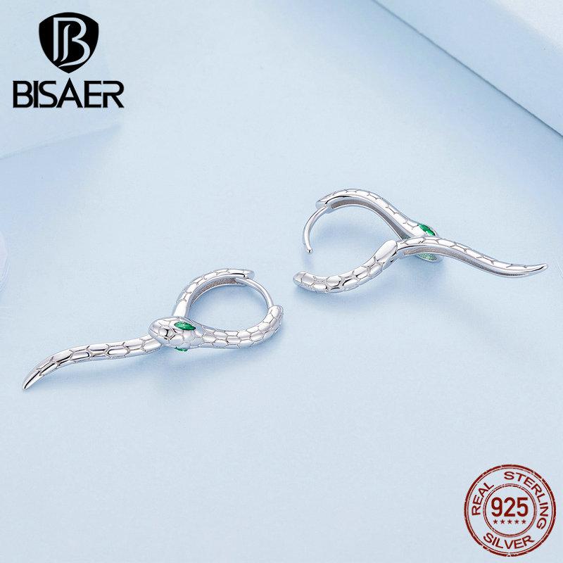 BISAER 925 Sterling Silver Snake Hoop Earrings Green Zircon Animal Earrings Plated Platinum For Women Party Fine Jewelry
