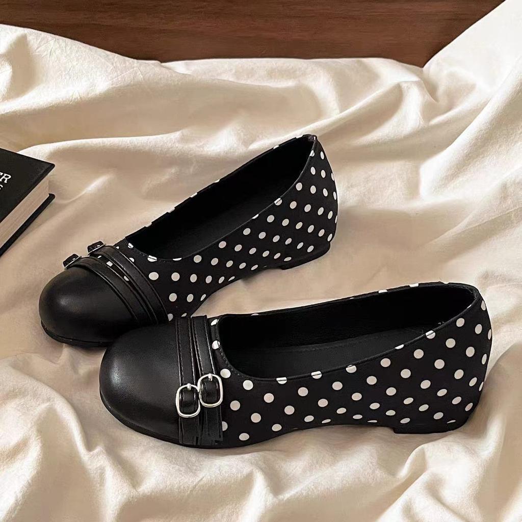 Soft Sole Not Tired Feet Shallow Mouth Single Shoes Women'S Retro Mary Jane Version Polka Dot Splicing Double Buckle Daily Commute