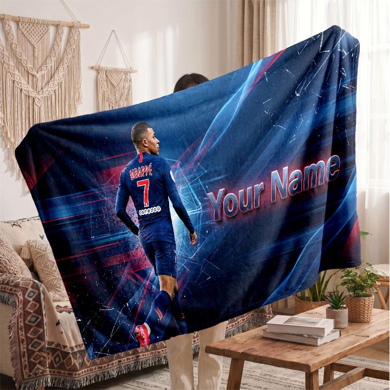 Couverture polaire personnalisée Kylian Mbappe avec logo de football, texte de nom personnalisé, couverture jetée douce et chaude pour la maison