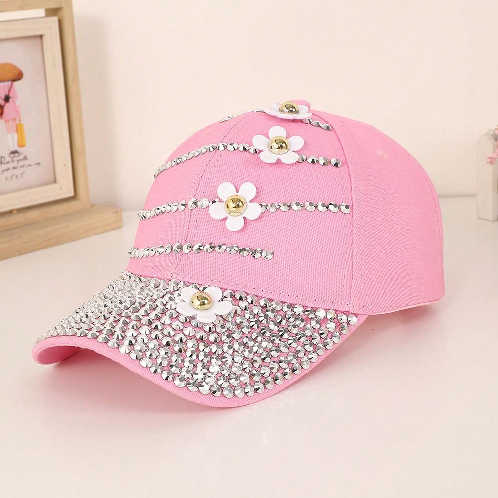 Cap with Full Diamond-shaped Curved Sequin Strips and Flower Pattern, Denim Baseball Cap, for Shopping and Taking Photos