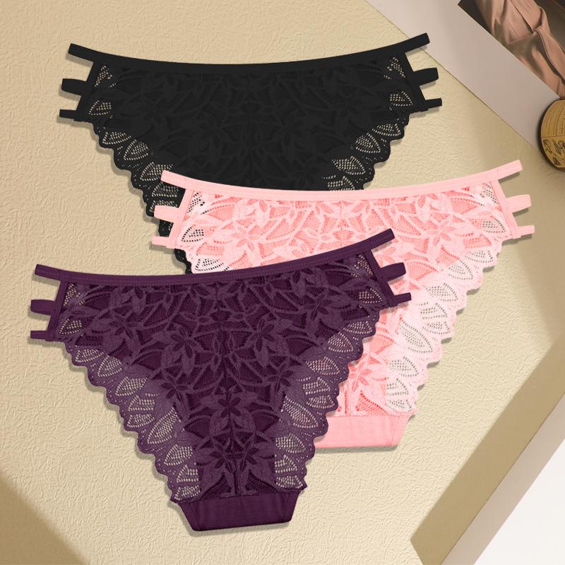 3Pcs Women's Three Belts Underwear Sexy Lace Hollow Out Panties Female Low-Waist Breathable Briefs Stretch Soft Lingerie