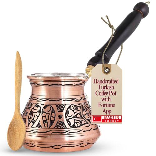 

Эрбулус 12 унций Медный Турецкий Греческий Арабский Кофейник с Аппликатором Гадания и Деревянной Ручкой (4 чашки) Турка Ибрик Брики Греческая Кофеварка Чеканная Тур
