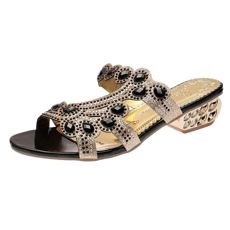 Women's Rhinestone Chunky-Heel Slide Sandals, Sexy Outdoor Casual Footwear, Anti-Slip Korean Style.