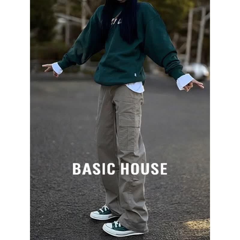 Basic House Women s Khaki Straight Leg Cargo Pants L