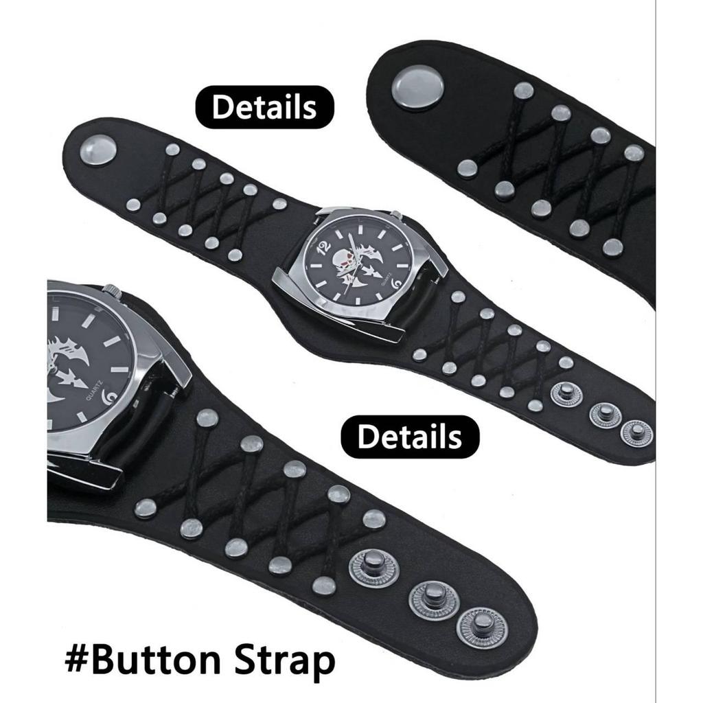 New Design Watch Button Leather Strap Skull Quartz Punk Rock Gothic Wristwatch Unisex Men Women Birthday Christmas Halloween Good Gifts