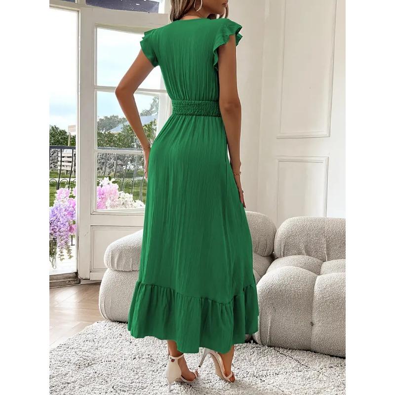 Fashion Summer Short Sleeved Elegant Casual Dress Solid Color Cross V Neck Simple Sleeveless Ruffled A-line Party Long Dresses Loose Women's Clothing